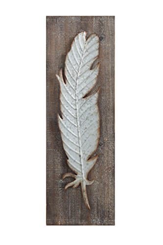 Creative Coop Wood Wall Decor With Distressed Metal Feather