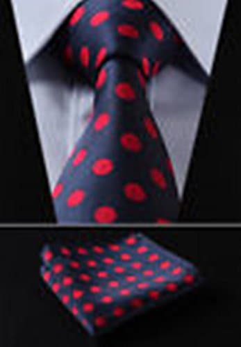 Dream Pole PP201R8 Red Navy Blue Polka Dot 3.4" Silk Woven Men Tie Necktie Handkerchief Set #PPTE4236