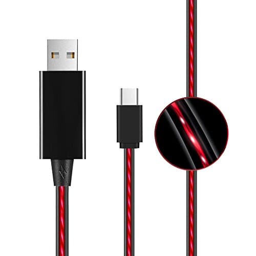 Type USB C Cable Flowing LED Sync Data Support Fast Charging Cable 3FT 0.9M For Android mobilePhones Samsung GalaxyS8,S8 Plus,LG G5 G6 Google Pixel XL,Nexus One plus USB toType-C devices (Black/Red)