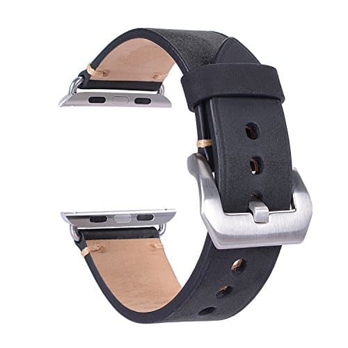 For Apple Watch Band 42mm Leather Strap Replacement Watchbands with Stainless Metal Clasp for iWatch Series 3 / 2 /1 Sport Edition (42mm Black )