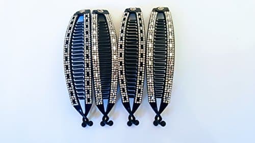4pcs Jumbo Banana Comb Clip Thick Hair Riser Claw Interlocking Jaw Extra Rhinestone(Silver-Black)