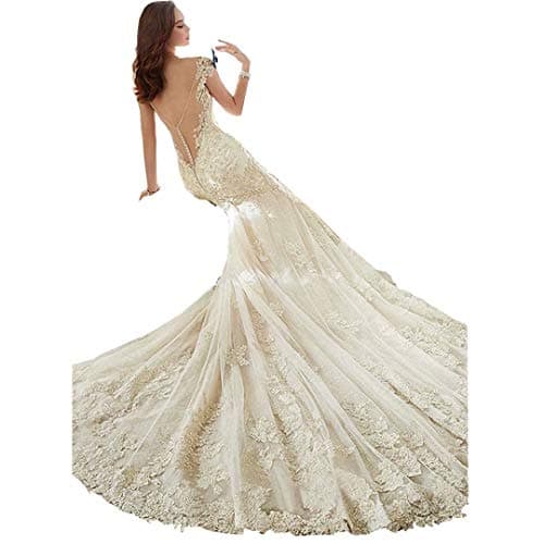 DingDingMail Tulle V-Neck Backless Mermaid Wedding Dress Bride Long Court Train Appliques Lace Wedding Dresses