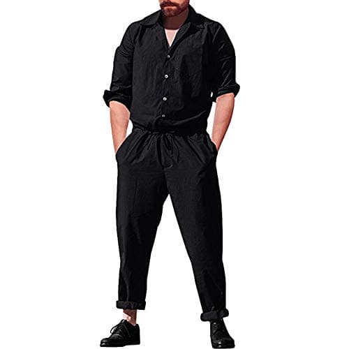 Mens Long Sleeve Cargo Overalls Pant Romper, Drawstring Jumpsuits Workwear