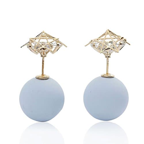Sexy Sparkles Double Sided Ear Post Stud Earrings Pentagram Star Ball with Rhinestones (Light Blue)