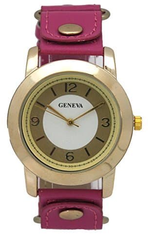Leather Strap Watch Extra Wide Leather Back Hand Band Style Unisex Gold Silver Rose Gold Tone Watch Face (Hot Pink &amp; Gold)