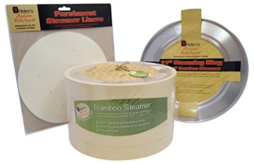Bamboo Steamer Set, Helen Chen's 10 In. dumpling Steamer Bundled With Parchment Liners And Steaming Ring