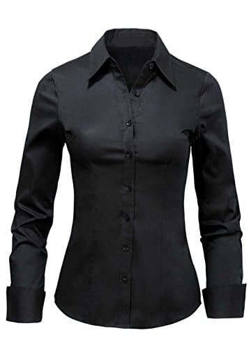 LA2NY Women's Tailored Long Sleeve Button down Shirts with Stretch (Large, Black)