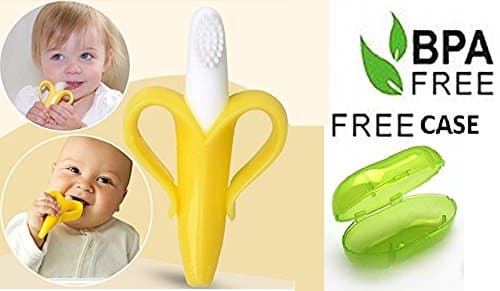 Trexee Infant Training Banana Toothbrush Teether with Soft Bristles Non-Toxic BPA Free Silicon (Yellow) with Free Carry Case