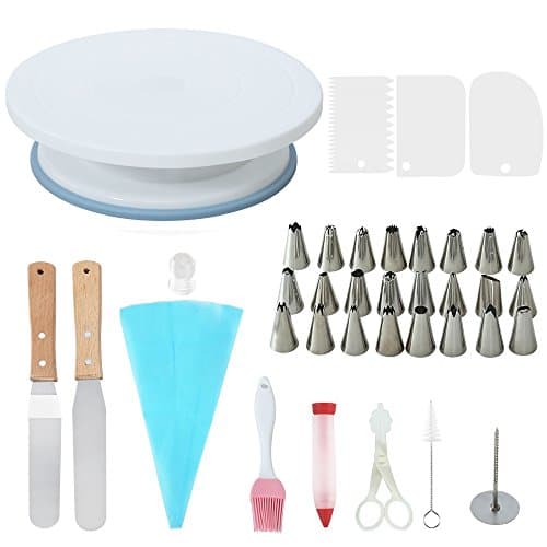 Rotating Cake Stand Cake Decorating Turntable Supplies with 24 Stainless Steel Tips, 3 Icing Smoother, 1 Pastry Bag, Cake Tip Brush, Cake Flower Lifter, Cake Flower Nail, Coupler, Cake Decorating Pen