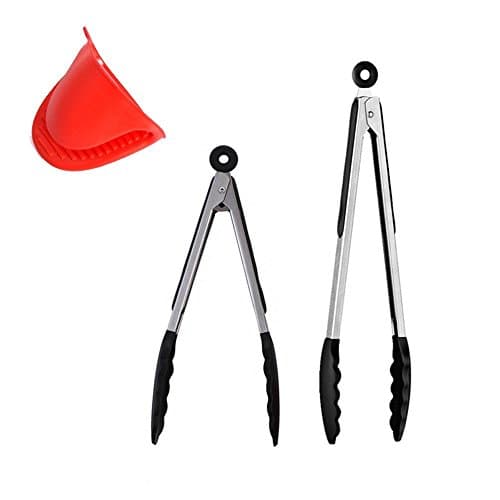 V V Verve Silicone Kitchen BBQ Tongs. 2 Pack (9inch & 12inch in Black), Bonus Silicone Oven Mitt (Red)