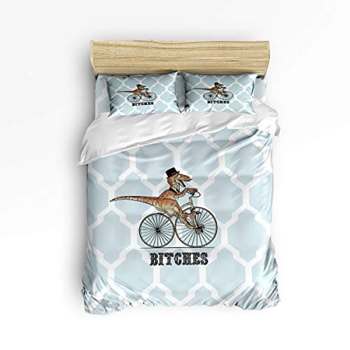 4 Piece Bedding Duvet Cover Sets with Flat Sheet and Decorative Pillowcases for Kids/Adults/Teens - Twin Size Luxury Soft Lightweight Brushed Microfiber, Cute Dinosaur Riding A Bicycle Blue Tiles