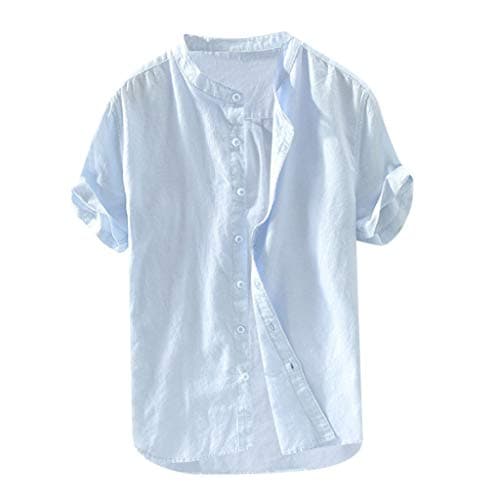 UROSA Men's Summer Solid Color Cotton Button Short Sleeve Stand Collar Shirt Casual Tops Blouse 2019
