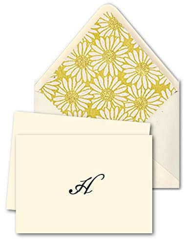 K DESIGNS - HAND MADE STATIONERY - FOLD OVER NOTE CARDS &amp; DESIGNER ENVELOPES (Lined By Hand With Elegant Hand Made Specialty Paper) – Single Letter Monogram Fold Over Note Cards [Fancy Script Design: Letter "H"] - Crafted By Hand, This Lovely Personalized Stationery Set Includes 10 Fold Over Note Cards Beautifully Finished With The Indicated Letter And 10 Designer Envelopes – Envelopes Have Been Carefully Lined By Hand With Elegant Hand Made Specialty Paper With A Gorgeous Yellow And White Daisy Style Design/Pattern With Exquisite Gold Accents And A Delightful Texture - Sure To Give A Polished Look And Feel To Your Correspondence - Available In Each Letter Of The Alphabet - Simply Select The Stationery With The Letter That Matches Your Initial [From The K Designs Collection Of Music Themed Personal / Social Stationery]