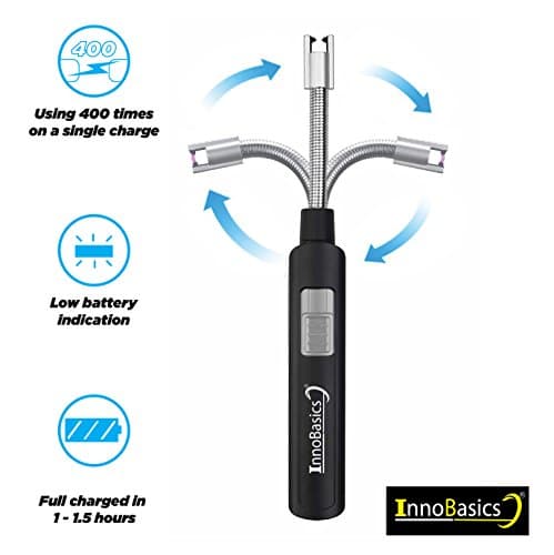 INNOBASICS Electric Arc Plasma Lighter With Long Handle &amp; Flexible Gooseneck | Flameless, Windproof, Splash Resistant,Butane Free,Rechargeable | For Camping,Candles,Cigarettes,Fireplace &amp; More