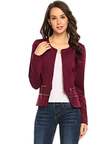 ThinIce Women's Casual Collarless Cardigan Office Blazer Zipper Work Jacket