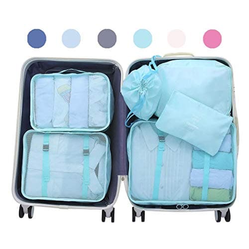 Luggage Organizer, Suitcase Packing Cubes, Compression Cells, Accessories Bags Made With Wearable Waterproof Material. Perfect for Travel, Long Trips, Camping, 6 Pieces (Light Blue)