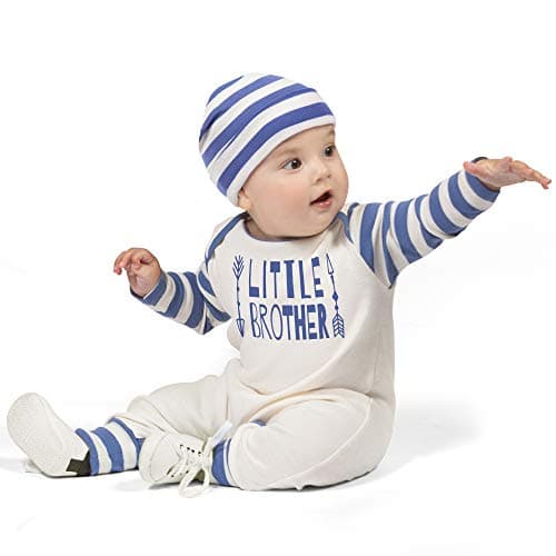 Tesa Babe Little Brother Romper & Hat Set for Newborn Baby Boys, Blue Stripe