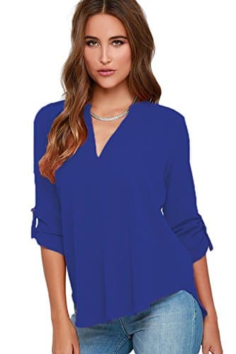 LOSRLY Women's Loose Solid Chiffon Blouses V Neck Cuffed Sleeve Shirts Tops
