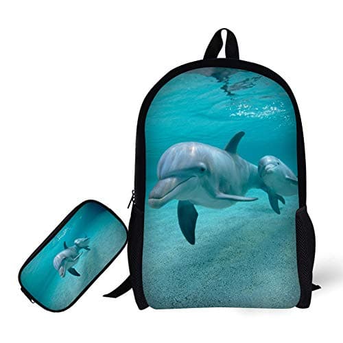 School Backpack, 3D Print Dolphin Pattern 17 Inch Bookbag with Pencil Bag