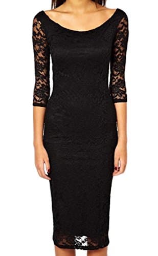 CrazyDay Womens 3/4 Sleeve See-Through Lace Stylish Package Hip Midi Dress Black XS