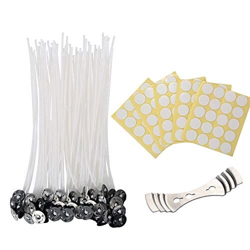 Candle Wicks, 100 Pieces Candle Wicks with 100 Pieces Dots Wick Stickers and 1 Piece Wick Holder, Candle Making Kit (6 Inch)