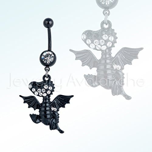 Silver Dragon w/ CZ Belly Ring, Polished Screw-on 14G Banana Barbel 316L Surgical Steel Navel Ring - Black