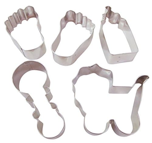 TwiceBooked Baby Shower Newborn Celebration Cookie Cutter Bundle - Set of 5 Includes Left Foot, Right Foot, Rattle, Bottle and Baby Carriage 3 1/2 - 4 Inch Metal Cutters - Made in the USA