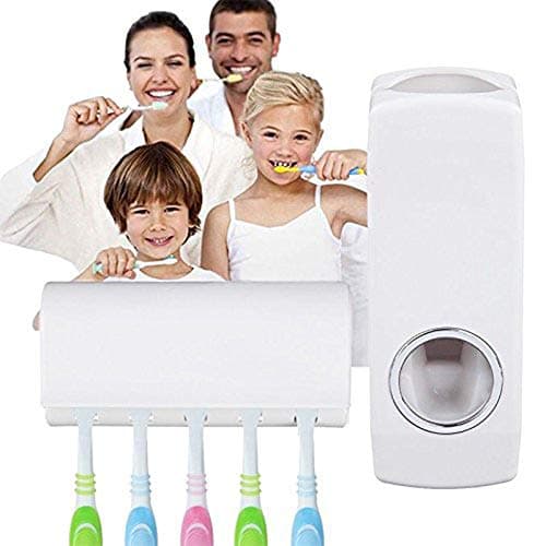 Keton Automatic Hands Free Toothpaste Dispenser with 5 Toothbrush Holder for Home Bathroom Acessories Set with Sticky Suction Pad (Brushes Not Included)