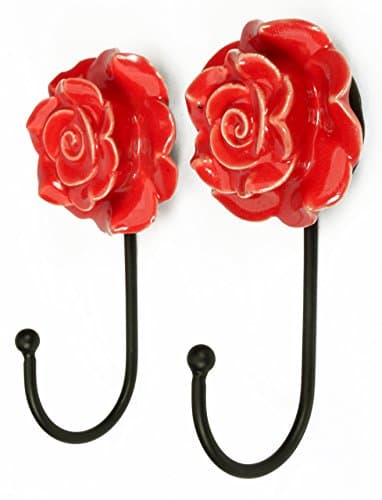 Pair 2 Pcs Metal Ceramic Wall Door Coat Hanger Hook Rose Flower Theme Heavy Duty (Red)