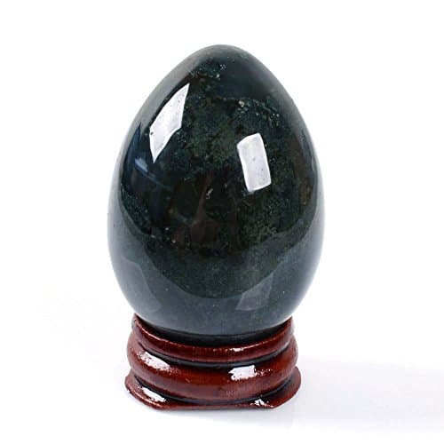 50mm Gemstone Rock Crystal Healing 2" Eggs Shaped Carving Decor Wood Stand (Indian moss agate)