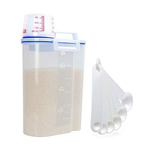 Rice Storage Bin Container Box, [Combo with Mearsuring Spoon Set], Airtight With Pour Spout and A Measuring Cup,Portable Clear Dry Food Keeper for Grain Oatmeal Cereal Flour Nuts, 2L