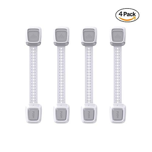 New Version Baby Proofing Cabinet Locks 4 PCS Child Safety Adjustable Latch Straps By Baby Commander for Cupboard,Drawers, Fridge,Toilet Seat,Oven and Appliance No Drilling Required 3M Tape (Grey)