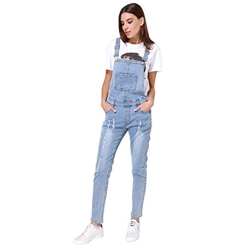 GCAROL Womens Strap Ripped Hole Denim Jumpsuits Overalls Medium