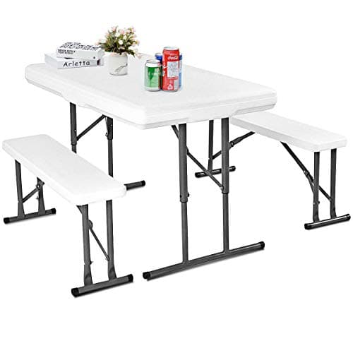 3 Piece Folding Picnic Table with Seats, Portable Adjustable Height Camping Table with Two Benches Set - Patio, Garden, Backyard Outdoor Furniture (White)