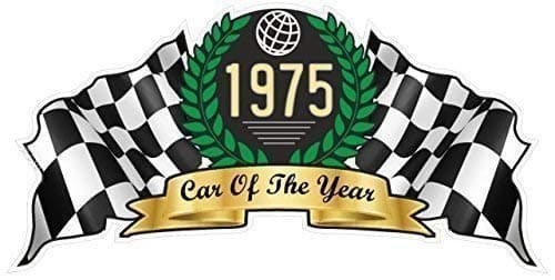 Crest & Scroll With Chequered Flags Motif With ' Car Of The Year 1975 ' Slogan Year Dated Design Retro Novelty Vinyl Car Sticker Decal 100x50mm