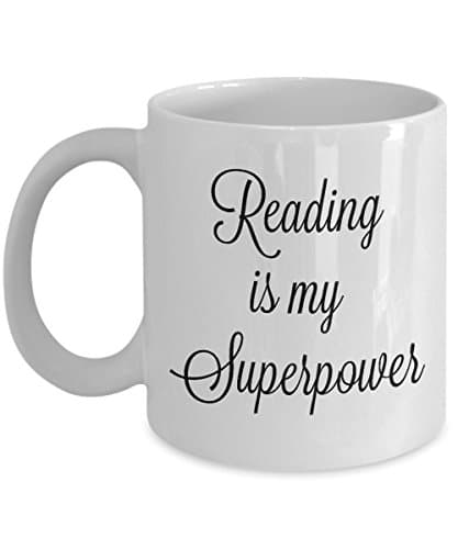Reading is my Superpower mug, ceramic, coffee cup, book hoarder, cursive