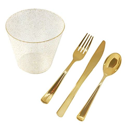24 Gold Plastic Cups and Gold Metallic Silverware Set ~ 5 Oz Gold Glitter Plastic Cups Old Fashioned Tumblers ~ Gold Rimmed Cups Fancy Disposable Wedding Cups With Disposable Gold Silverware Combo Set