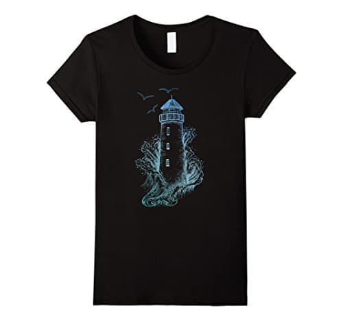 Womens Lighthouse TShirt - Pharos Wave and Seagull Tee XL Black