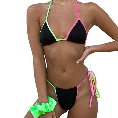 Women's Two Piece Colorful Thong Bikini Set String Swimsuit (Black, M)