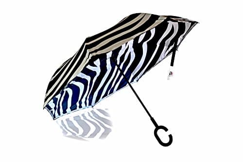 Double Layer Inverted Umbrella, Durable UV Reverse Fold Windproof Umbrella, C Handle Fiberglass Ribs Fashionable Black Zebra Print