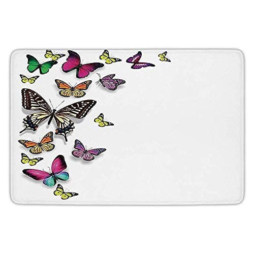 TRAzz Bathroom Bath Rug Kitchen Floor Mat Carpet,Butterfly,Various Size Different Colored Butterflies Colorful Wings Sophisticated Creature,Multicolor,Flannel Microfiber Non-slip Soft Absorbent