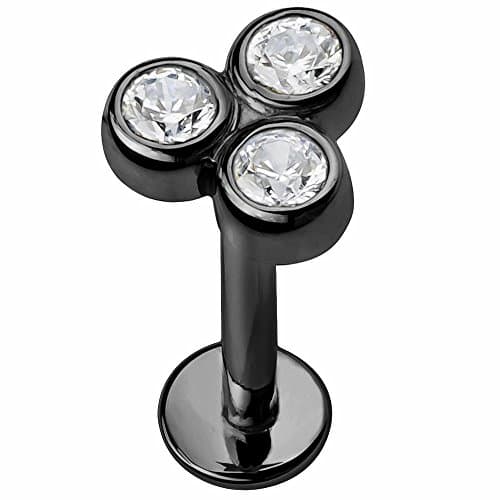 Diamond 3 Stone Trinity 14K Black Ruthenium Plated 14K Yellow Gold Labret Lip or Tragus Earring 16G