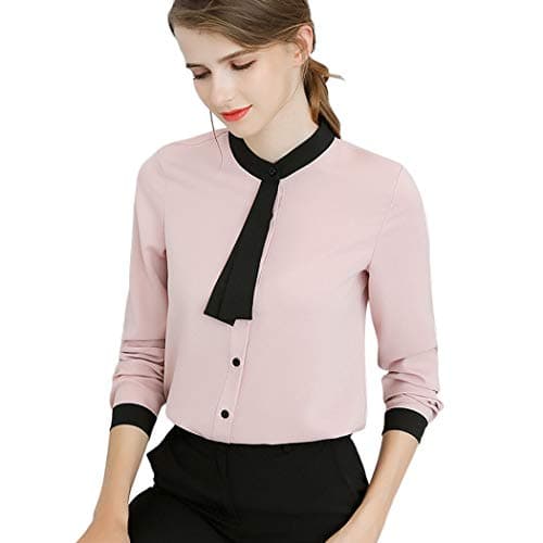 MIOIM Women's Solid Elegant Office Shirts Bow Tie V Neck Long Sleeve Layered Chiffon Blouse