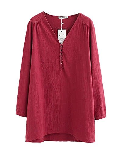 HOOBEE LINEN Women's V-Neck Button Pullover Cotton Linen Blouse Top with Pockets