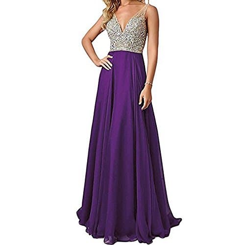 QSYE Women's Beaded Prom Dreeses Long V-Neck Chiffon Evening Gowns 2018 Purple,2