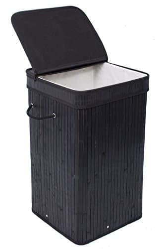 Birdrock Home Square Laundry Hamper With Lid And Cloth Liner - Bamboo - Black - Easily Transport Laundry Basket - Collapsible Hamper - String Handles