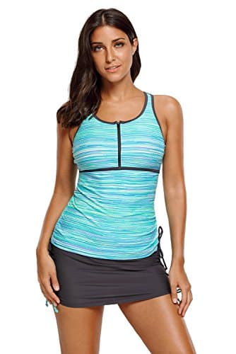 Kei Tomlison Women's Two Piece Zip Front Racerback Tankini Set Striped Mesh Swimsuits with Skirt (Greenish, (US 14-16) XL)