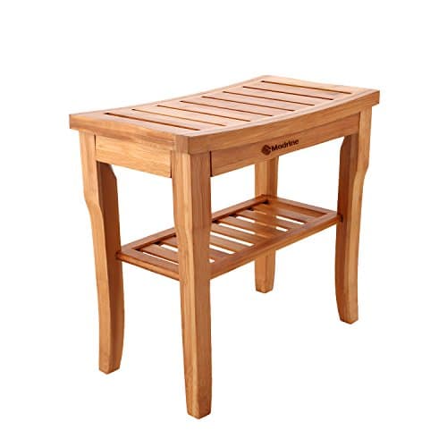 Modrine Bamboo Shower Bench with Storage Shelf, Bath Seat Bench Stool Perfect for Indoor or Outdoor Use,Spa Seat With 2-Tire Storage Racks Shelf, Entry Way stool