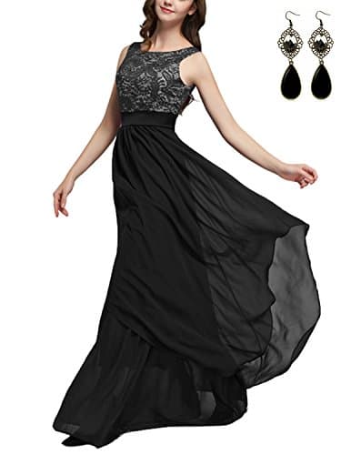 Sitengle Elegant Women Sleeveless V-back Lace Patchwork Chiffon Long Dress Formal Banquet Evening Wedding Party Prom Dresses