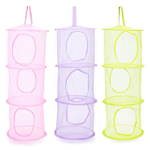 Mocollmax Mesh Hanging Storage Space Saver Bags with 3 Compartments Toy Storage Basket for Kids Room organization mesh hanging bag 3Pcs Set, Pink,Green,Purple